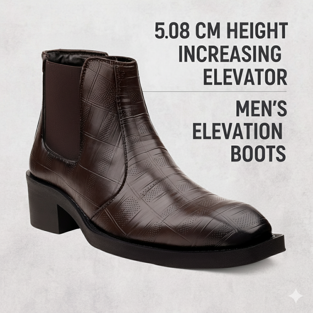 Brown men's elevator boot with text on a light gray background