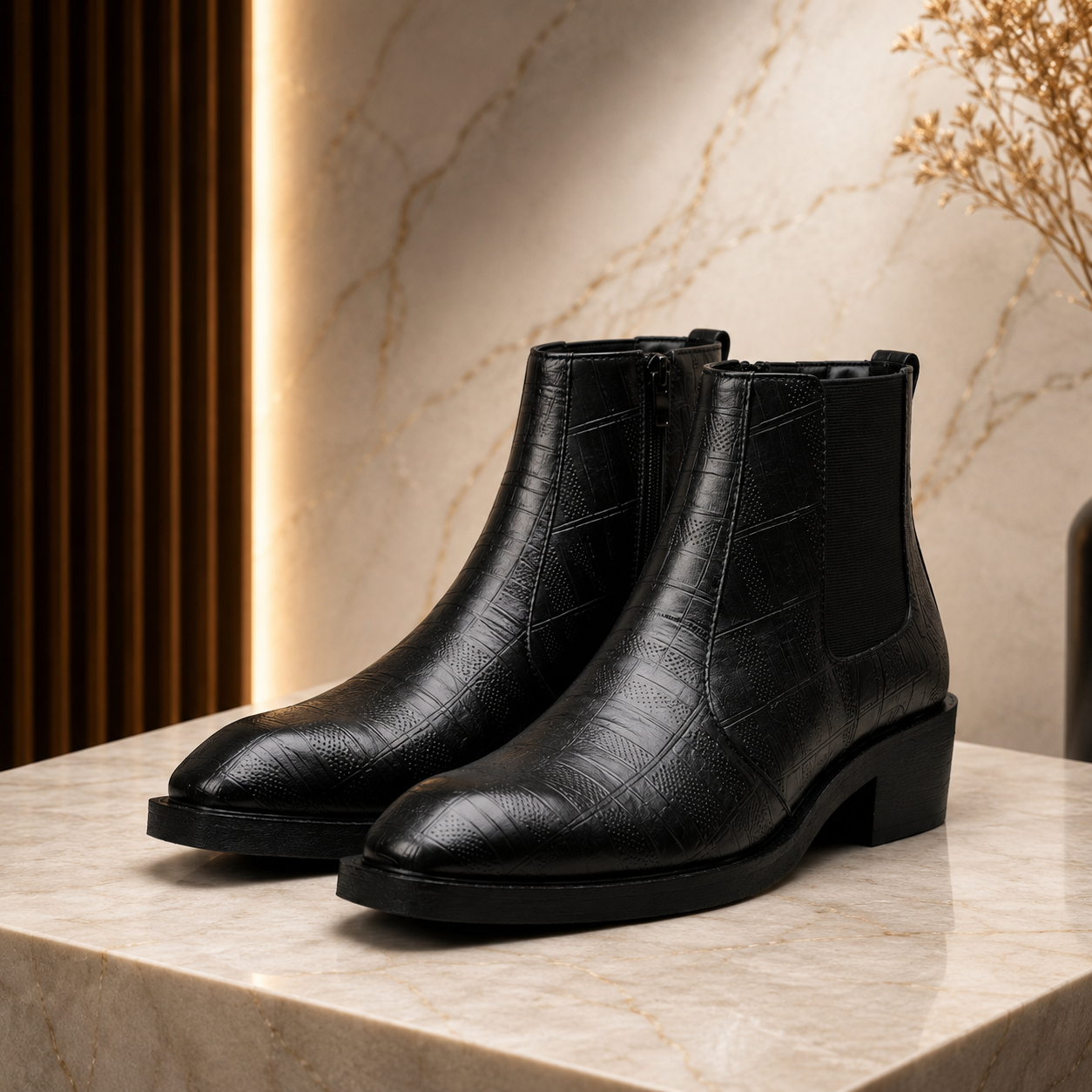 A pair of black textured ankle boots with elastic side panels, displayed on a light marble surface against a warm marble wall background.