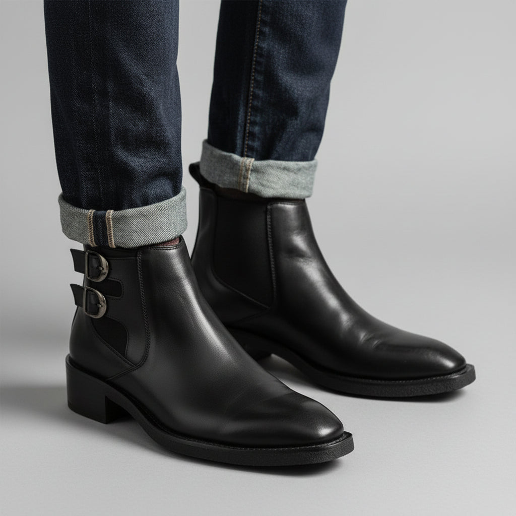 Black leather boots with buckles worn with rolled-up jeans on a wooden floor.