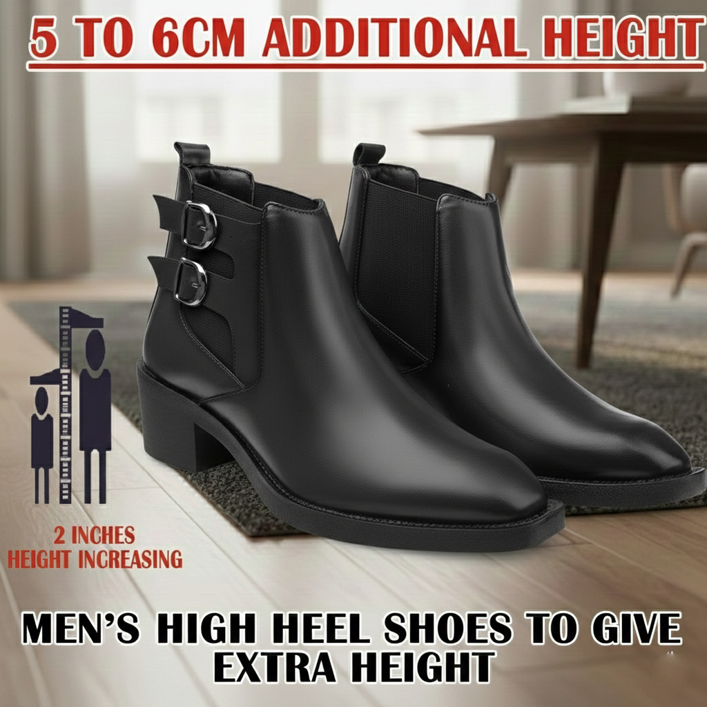 Black high heel shoes with text indicating additional height increase on a wooden floor.