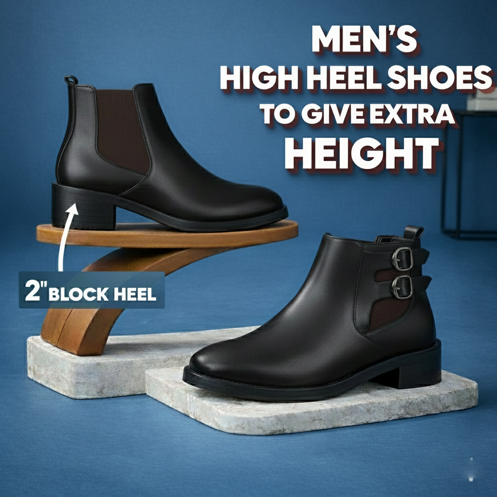 Black men's high heel shoes with 2-inch block heel on a blue background