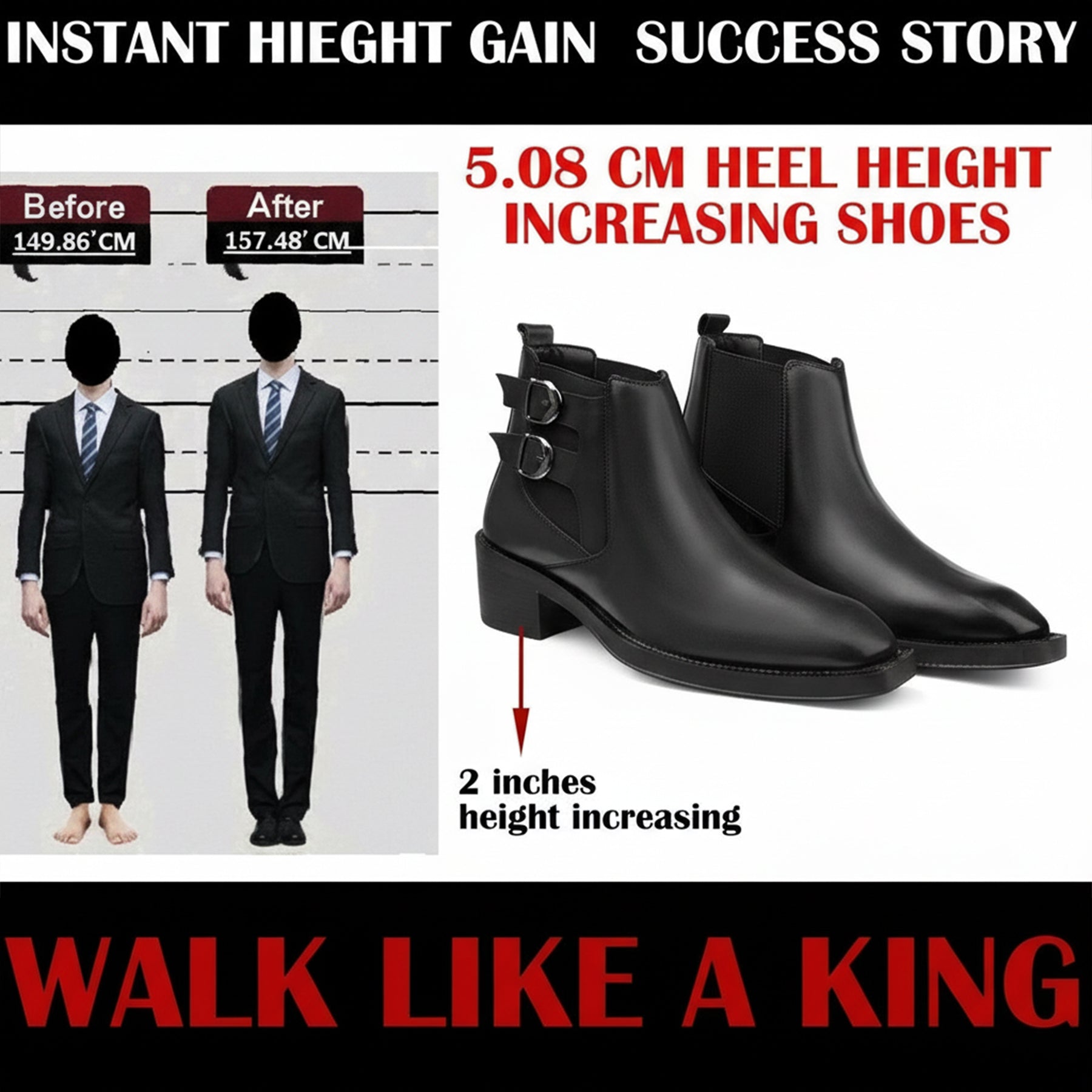 Black leather ankle boots with side buckle details, shown next to a before-and-after height comparison graphic with text promoting heel height increase.