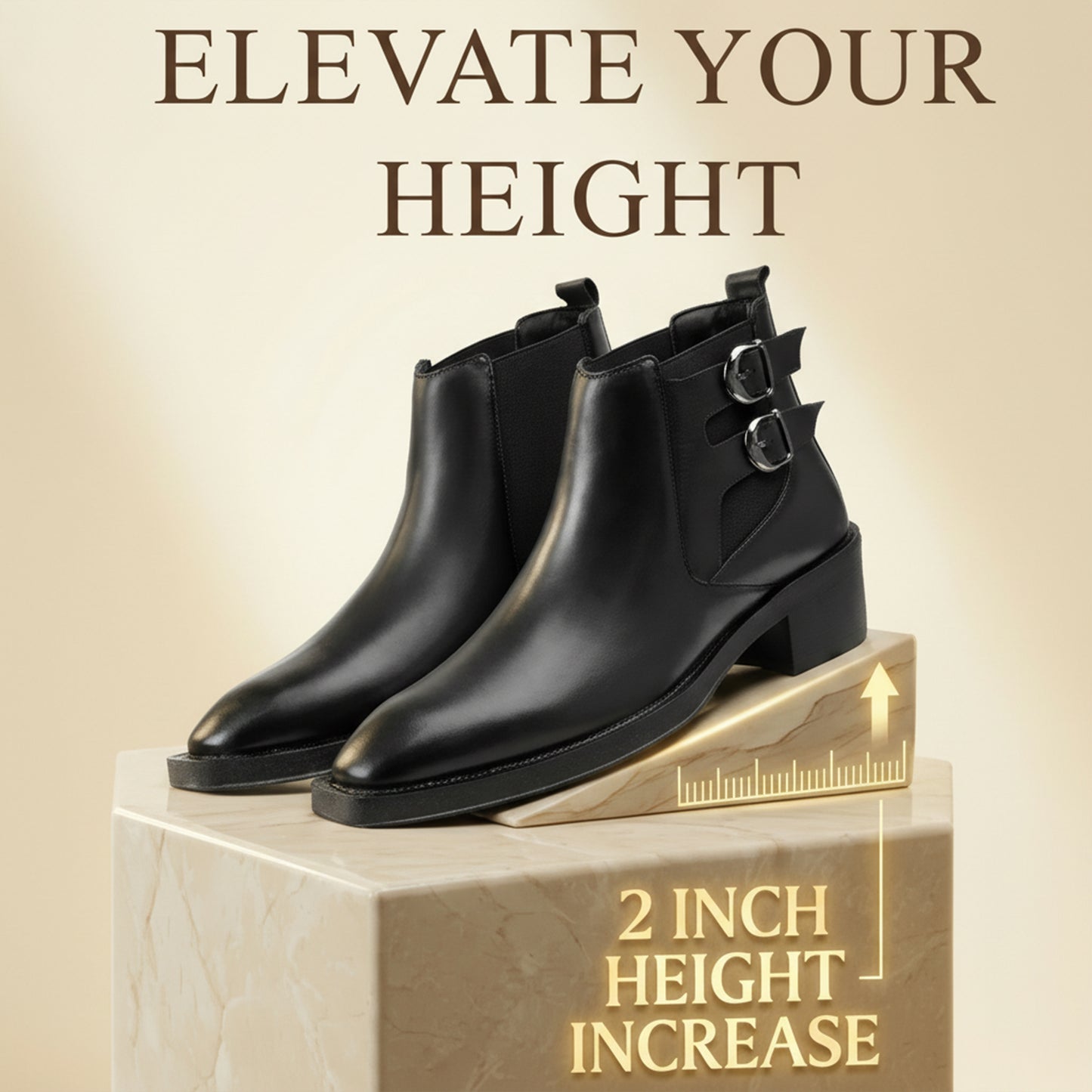 Black ankle boots on a platform with text 'Elevate Your Height' and '2 Inch Height Increase'.