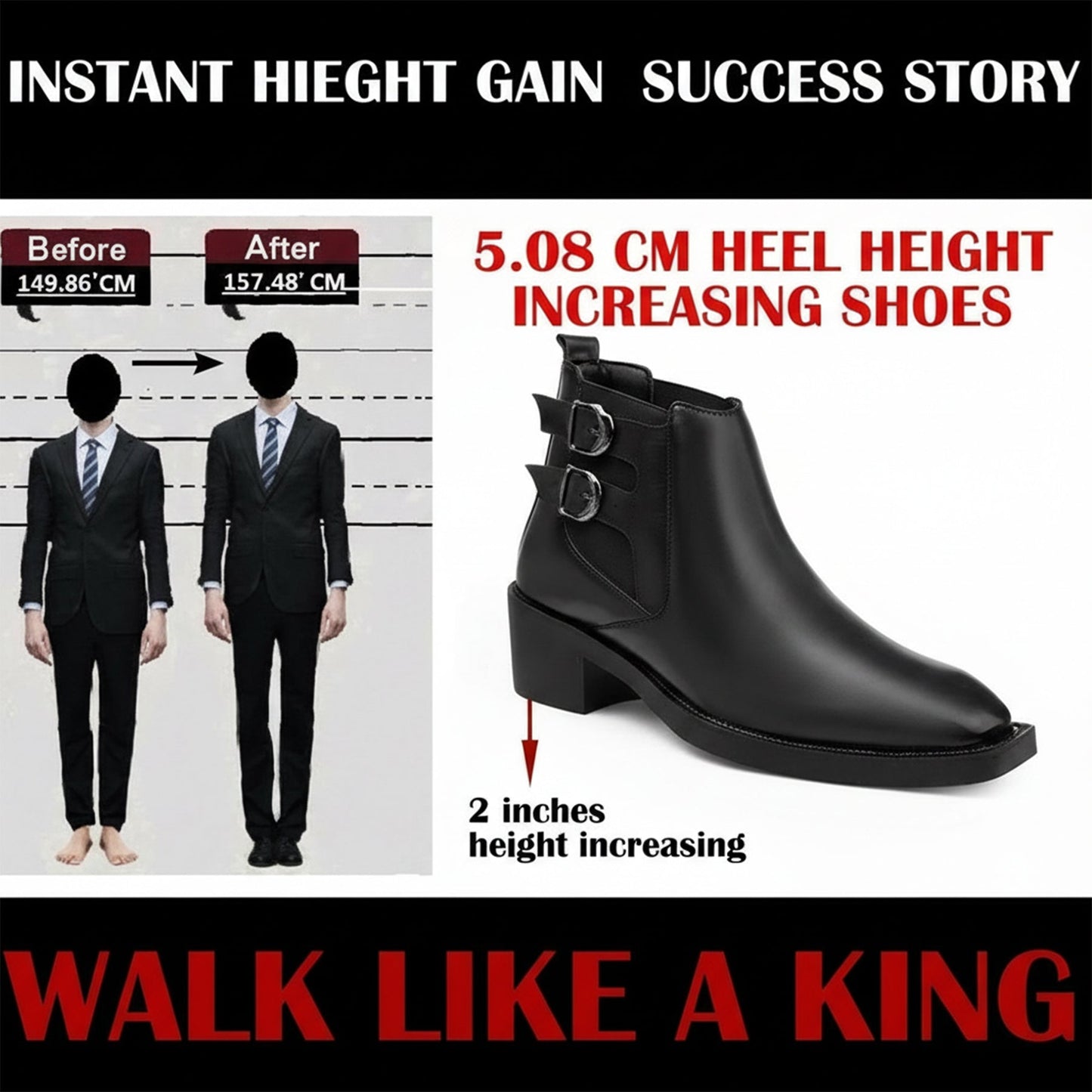 Black ankle boot with heel height increase feature, before and after height comparison, and promotional text.
