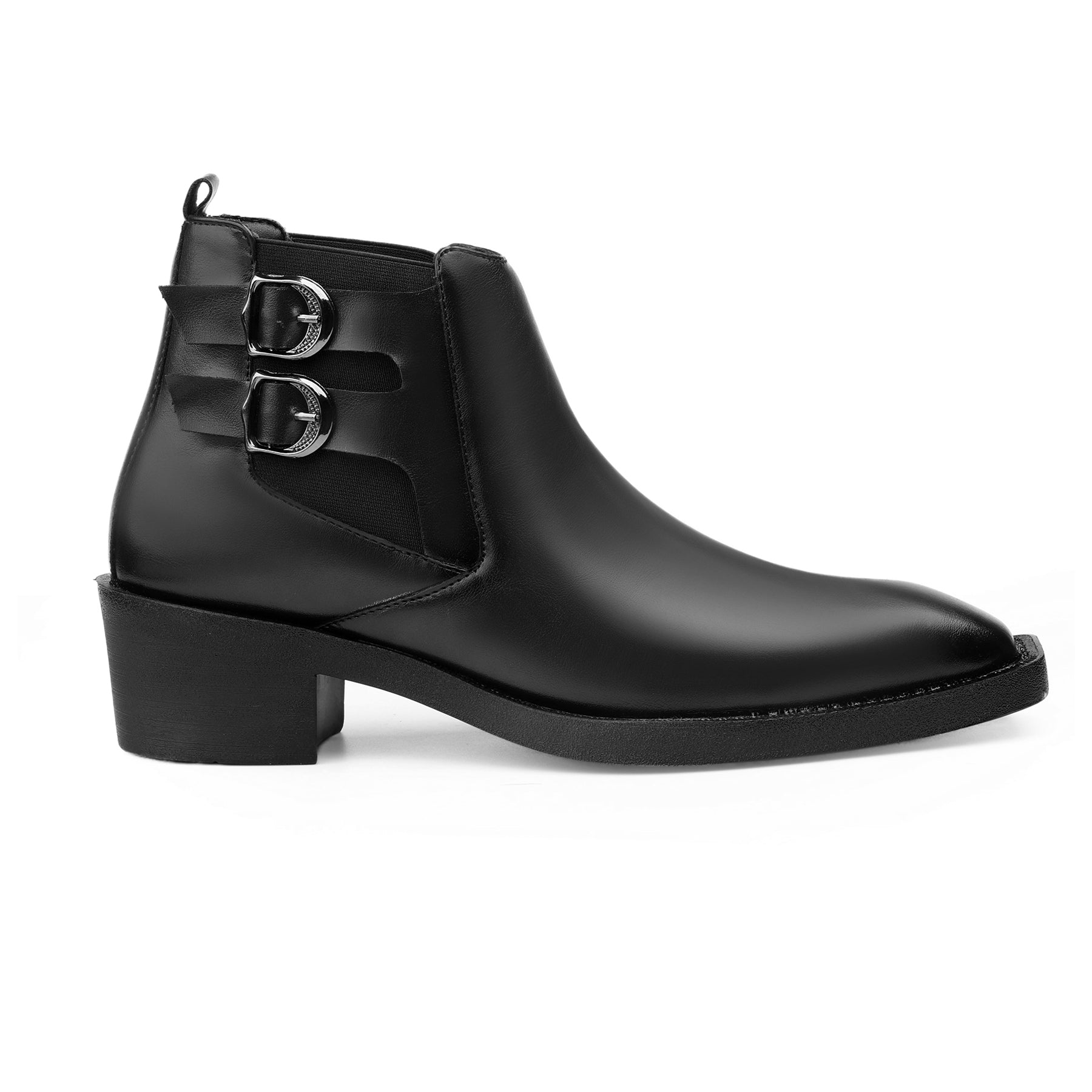 Black leather ankle boot with silver buckles on a white background