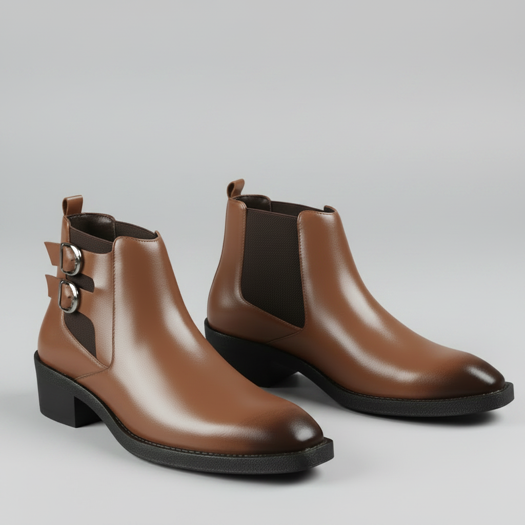 Pair of brown leather boots with buckles on a gray surface.