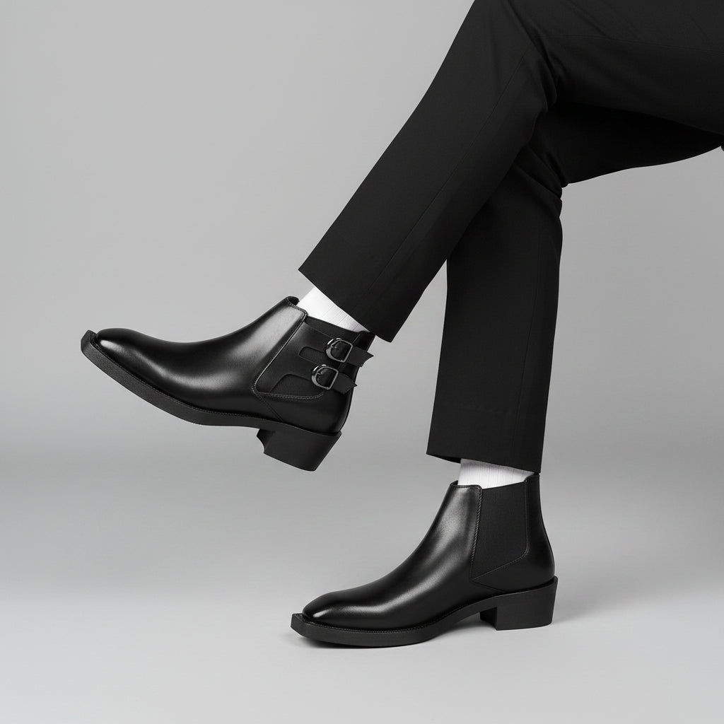 A person wearing black leather Chelsea-style ankle boots with elastic side panels and low block heels, paired with black trousers and white socks, seated on a dark chair against a brown wall.