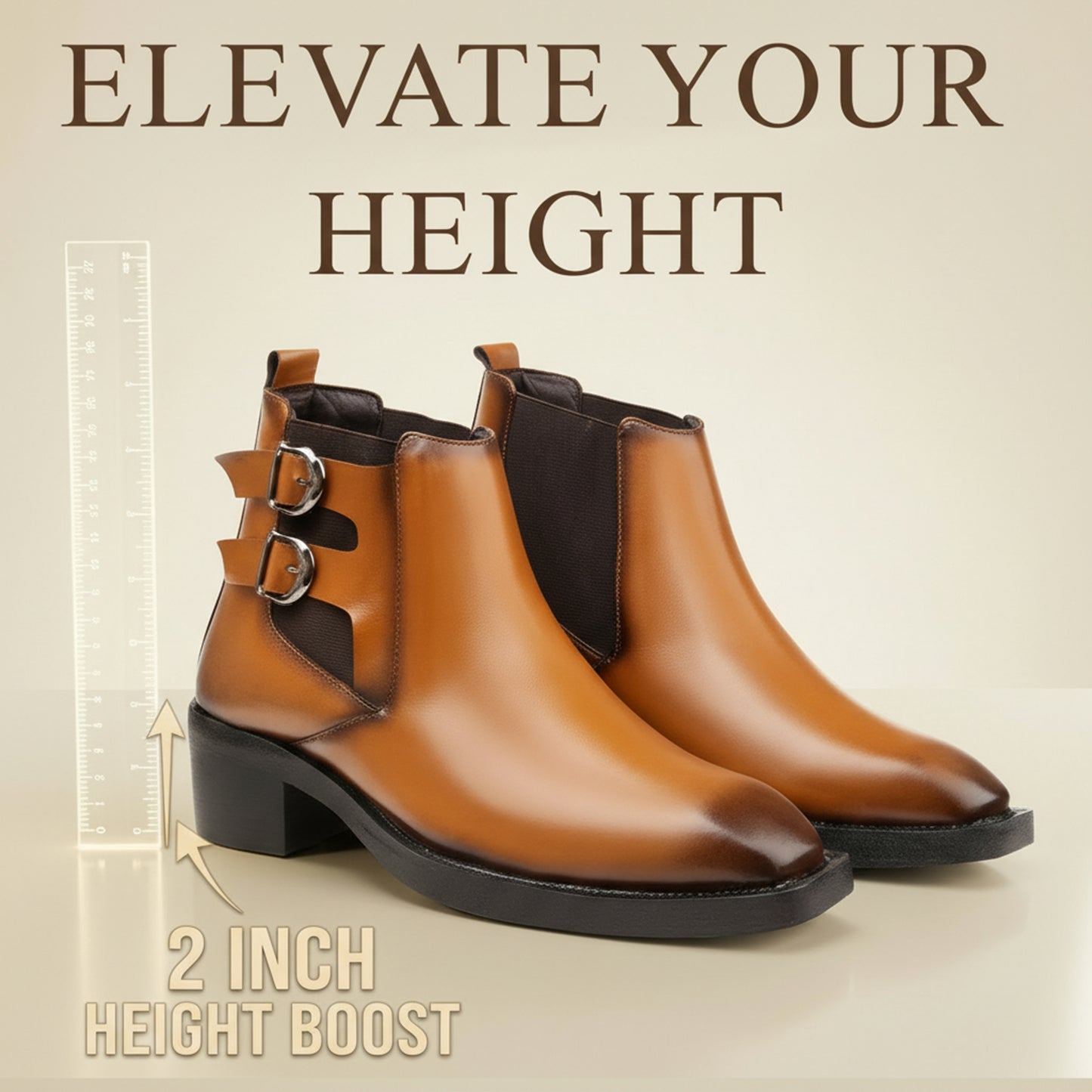 A pair of tan leather ankle boots with black soles and side buckle details, shown on a light beige background with promotional text reading 'ELEVATE YOUR HEIGHT' and '2 INCH HEIGHT BOOST.'.