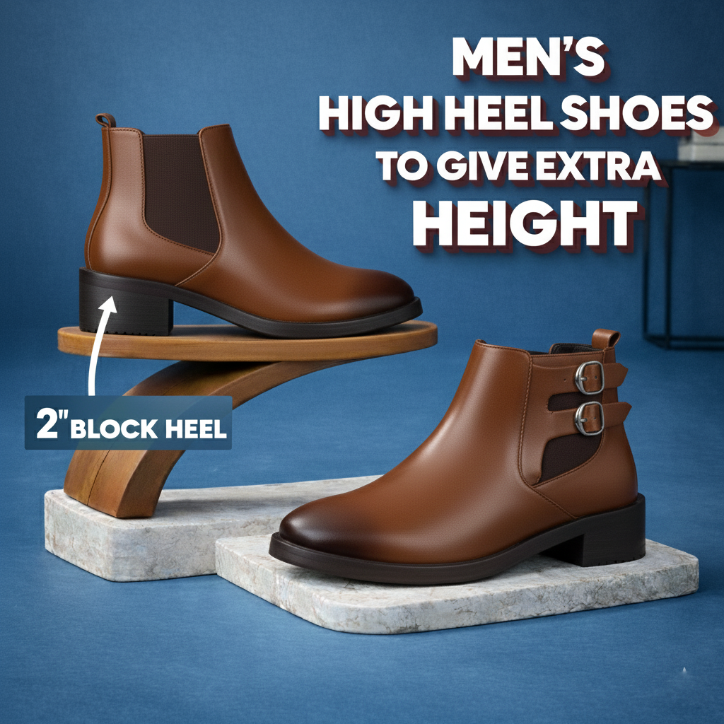 Brown men's high heel shoes with a 2-inch block heel on a blue background.