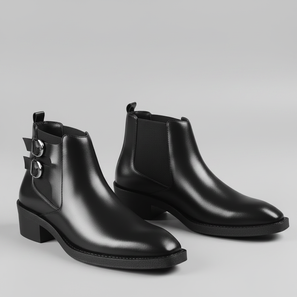 Pair of black leather boots on a gray surface with a blurred background
