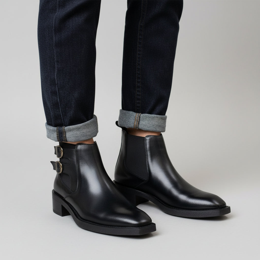 Black leather boots worn on a cobblestone street