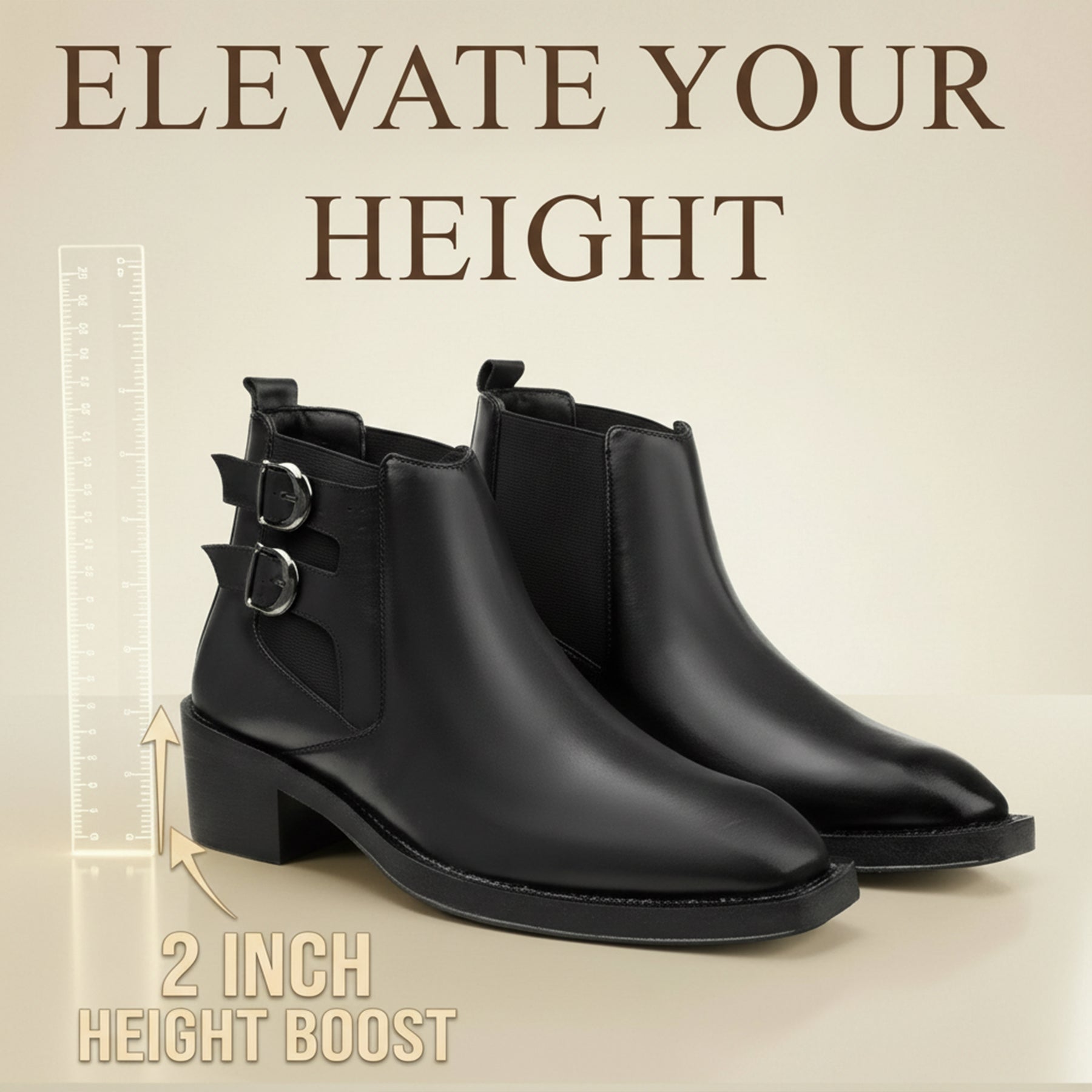 Black ankle boots with a 2-inch height boost on a beige background