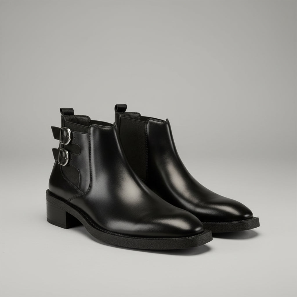 Pair of black leather boots on a wooden table with a cozy room background.
