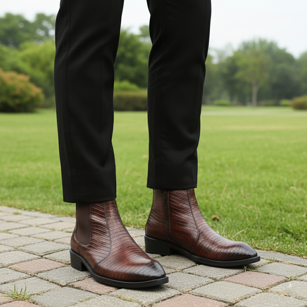 Brown leather boots worn with black pants on a paved path with greenery in the background