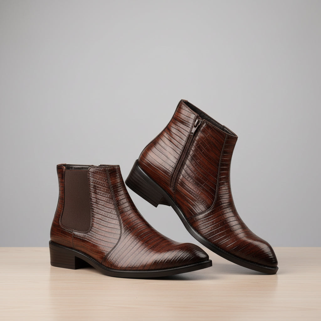 Brown leather boots on a wooden surface with a blurred background
