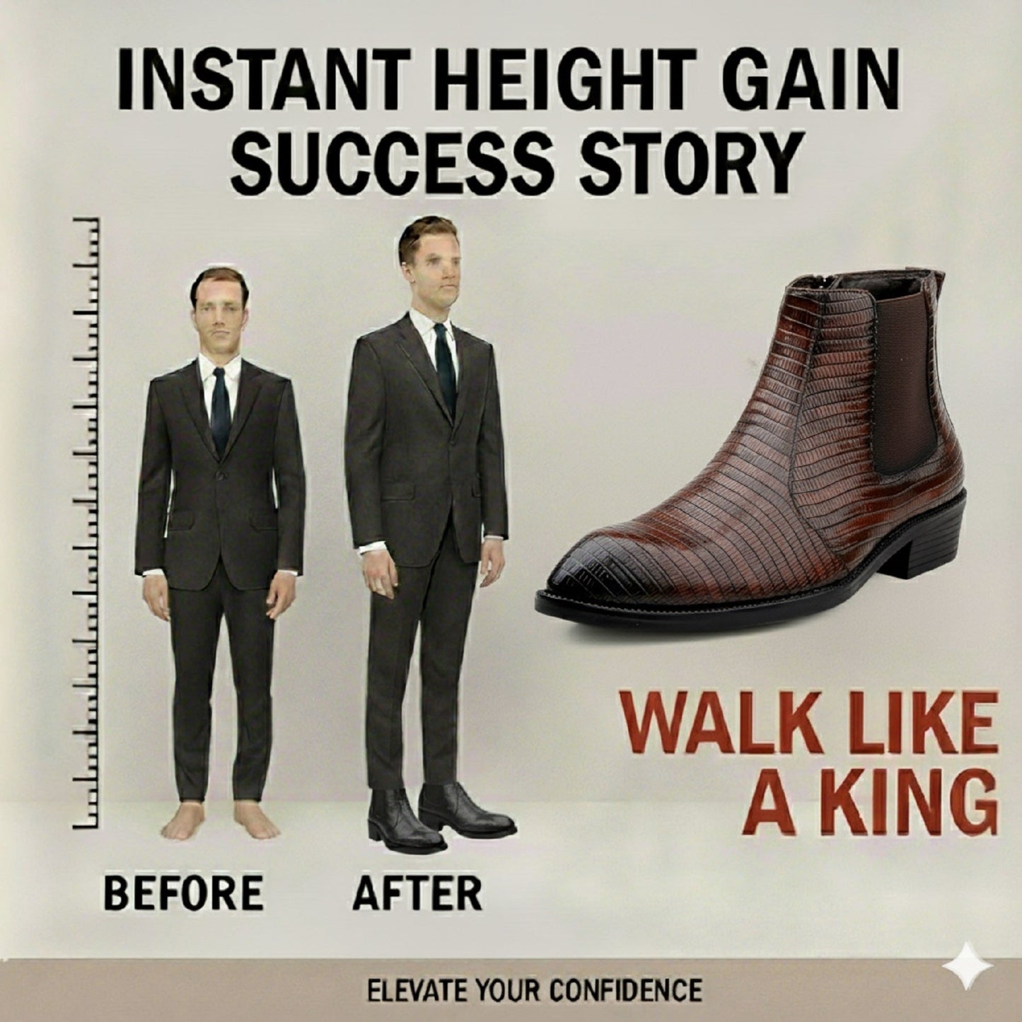 Before and after comparison of a person wearing a suit with an enlarged boot, promoting height gain and confidence.