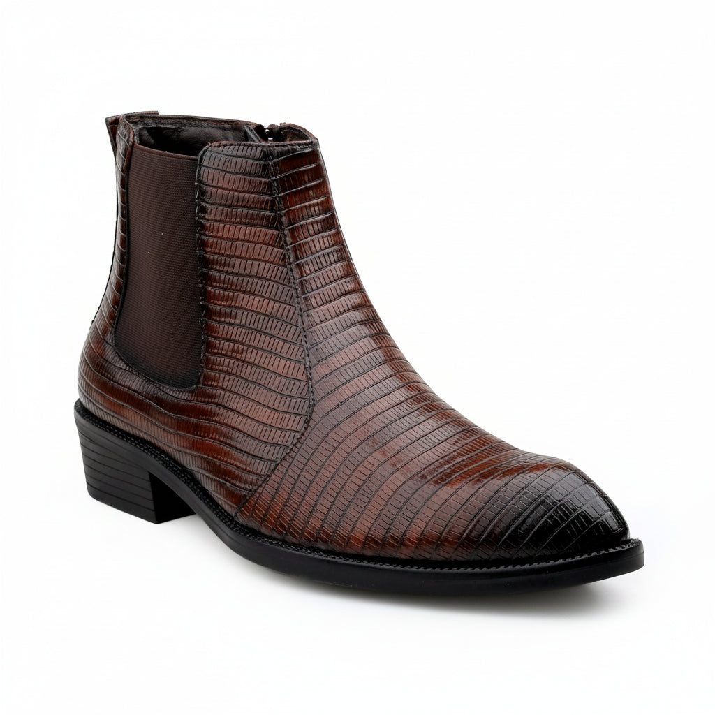 Brown leather ankle boot with black sole on a white background