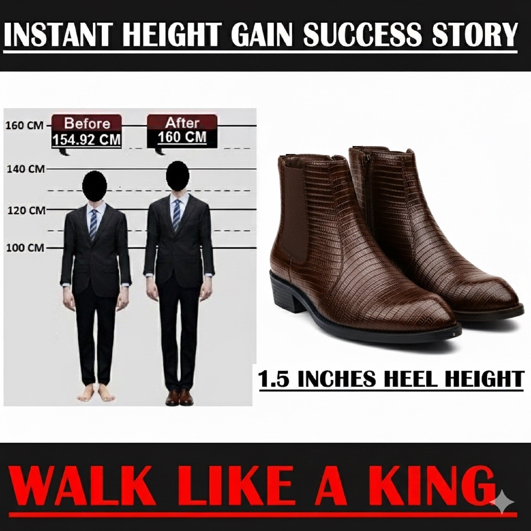 Brown leather boots with height gain measurement chart and text 'Walk Like a King' on a white background.