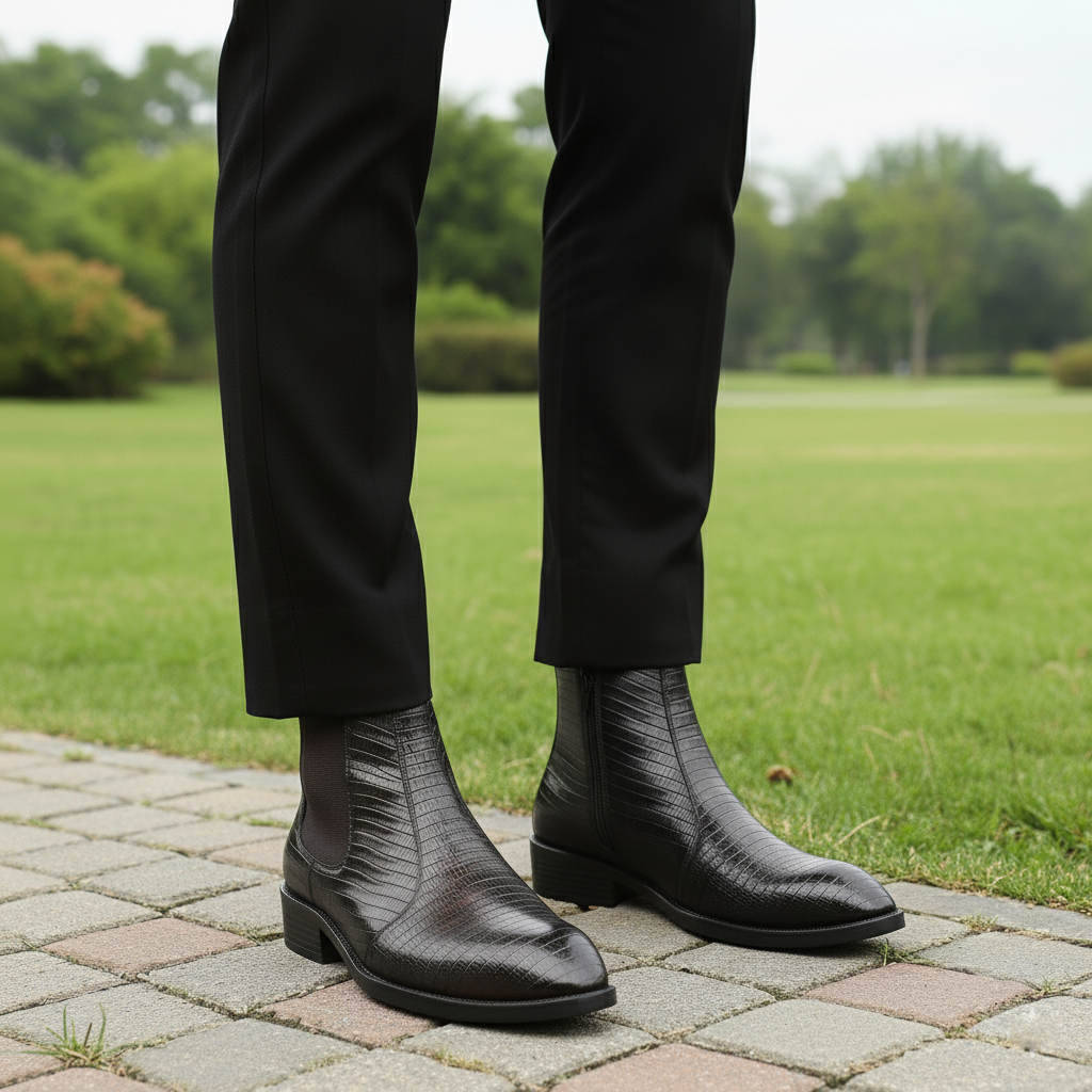 Person wearing black dress shoes and pants on a paved path with grass and trees in the background