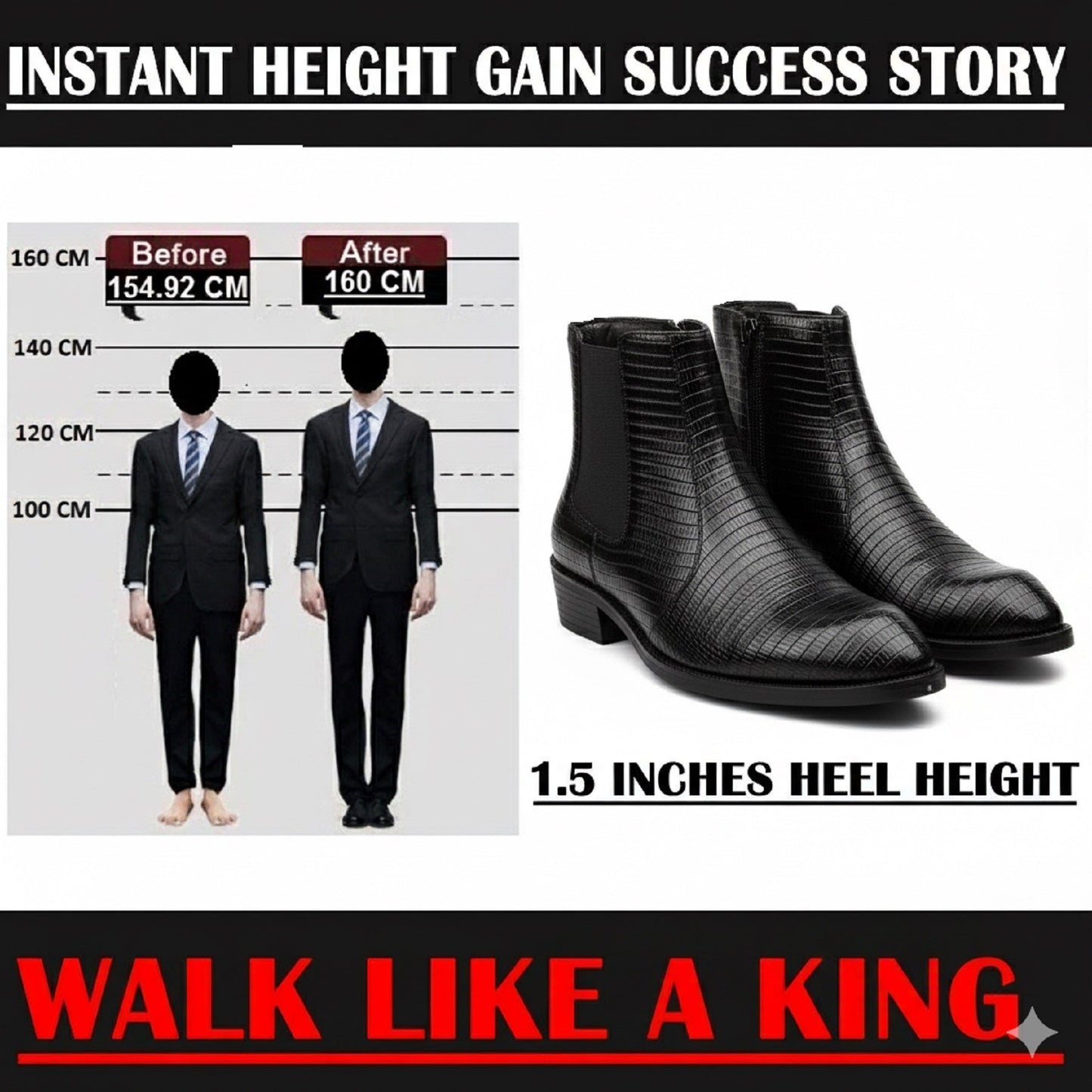 Black heeled boots with height gain measurement chart and text 'Instant Height Gain Success Story' on a white background.