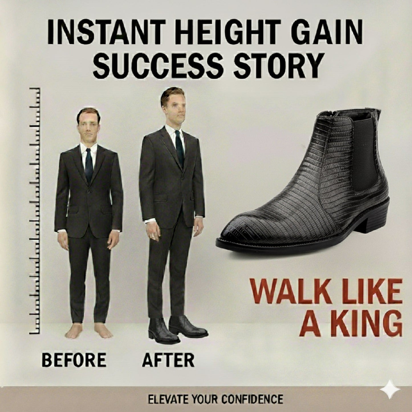 Promotional graphic showing height gain with shoes, featuring two men in suits labeled 'Before' and 'After', a boot, and text about confidence.
