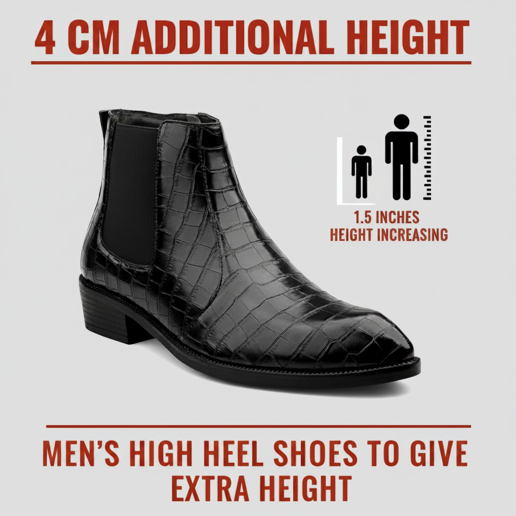 Black men's high heel shoe with height-increasing feature on a wooden background