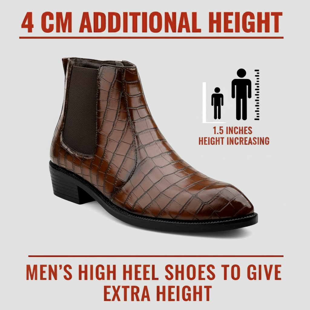 Brown men's high heel shoe with height-increasing feature on a wooden background