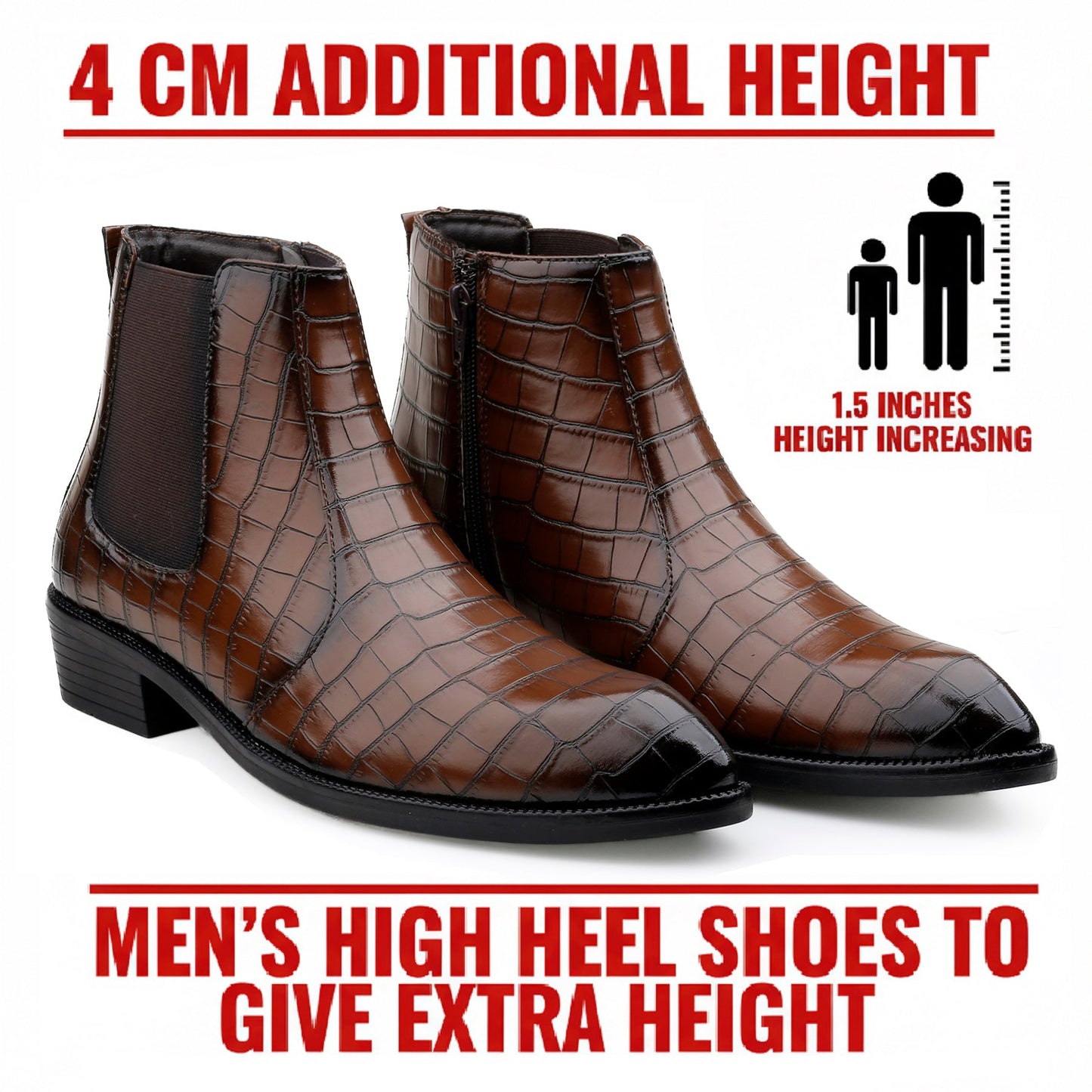 A pair of men's brown ankle boots with a crocodile-embossed texture and black side panels, shown on a white background with promotional text stating '4 CM ADDITIONAL HEIGHT' and 'MEN'S HIGH HEEL SHOES TO GIVE EXTRA HEIGHT.'.