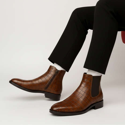 Brown leather Chelsea boots worn with black pants and white socks on a wooden floor.