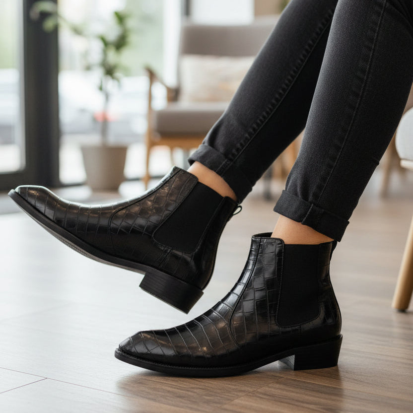 Black crocodile-patterned leather boots on a white background