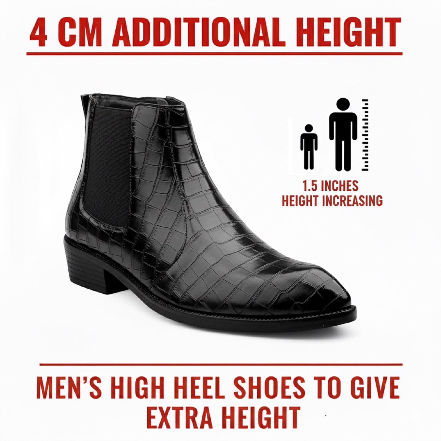 Black men's high heel shoe with text about additional height and heel size on a white background
