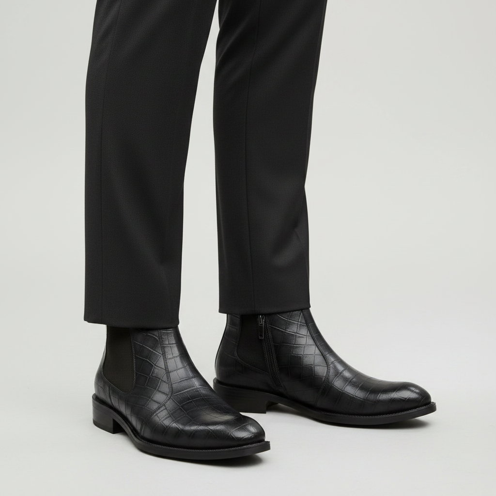 Black leather boots worn with black pants on a stone pavement.