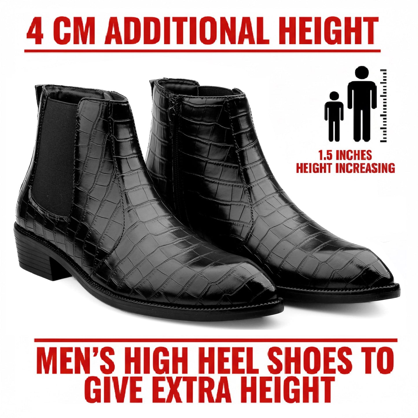 Black crocodile-embossed ankle boots with elastic side panels, shown on a white background with red text advertising 4 cm additional height and a height-increasing graphic.