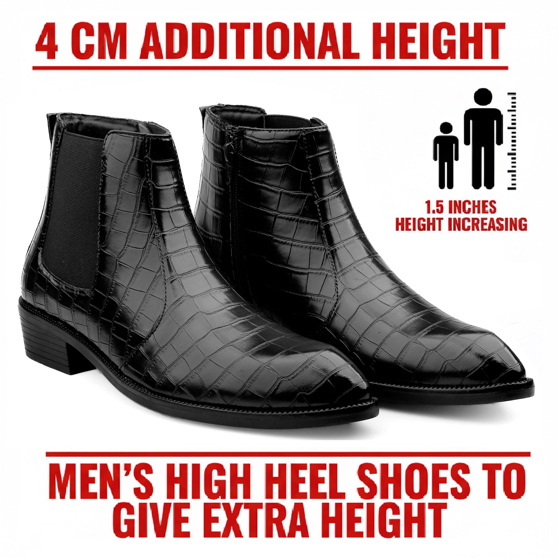 Black crocodile-embossed ankle boots with elastic side panels, shown on a white background with red text advertising 4 cm additional height and a height-increasing graphic.