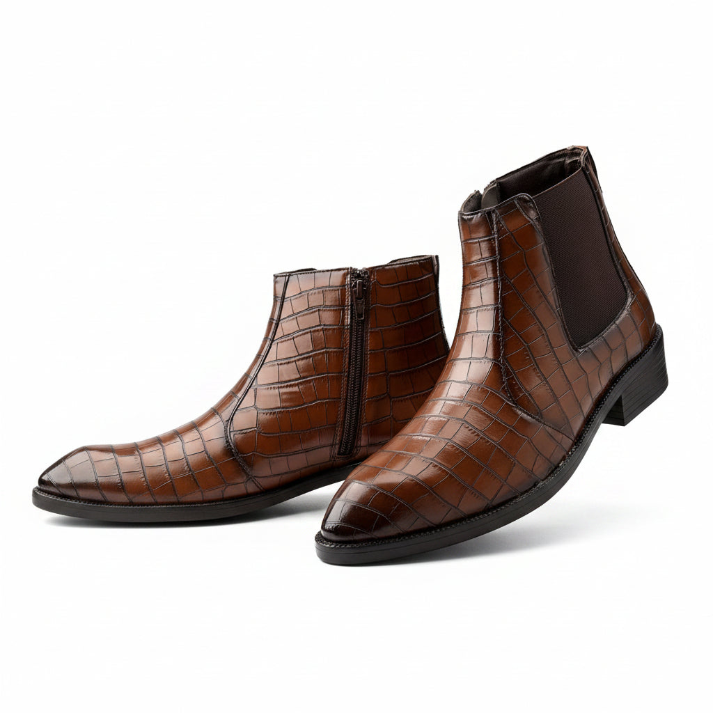 Brown leather boots with a textured pattern on a beige background