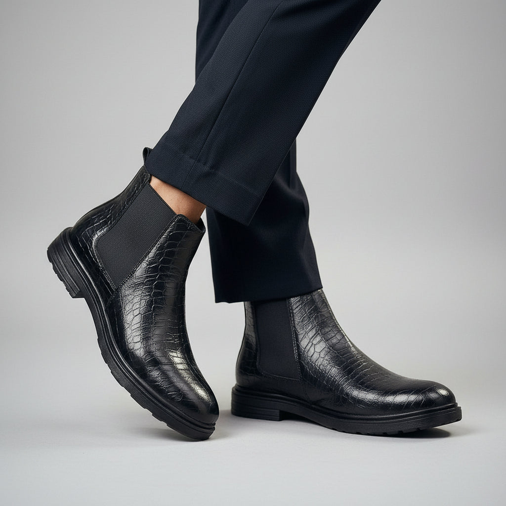 A pair of men's black ankle boots with a crocodile-embossed texture and elastic side panels, shown worn with dark trousers on a wooden floor.