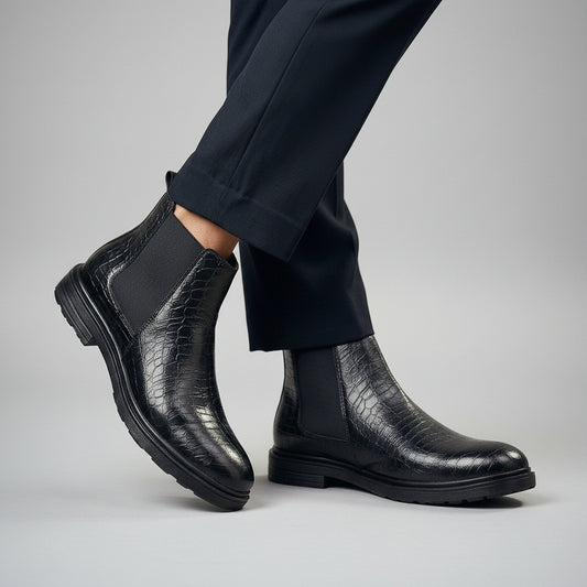 A pair of men's black ankle boots with a crocodile-embossed texture and elastic side panels, shown worn with dark trousers on a wooden floor.