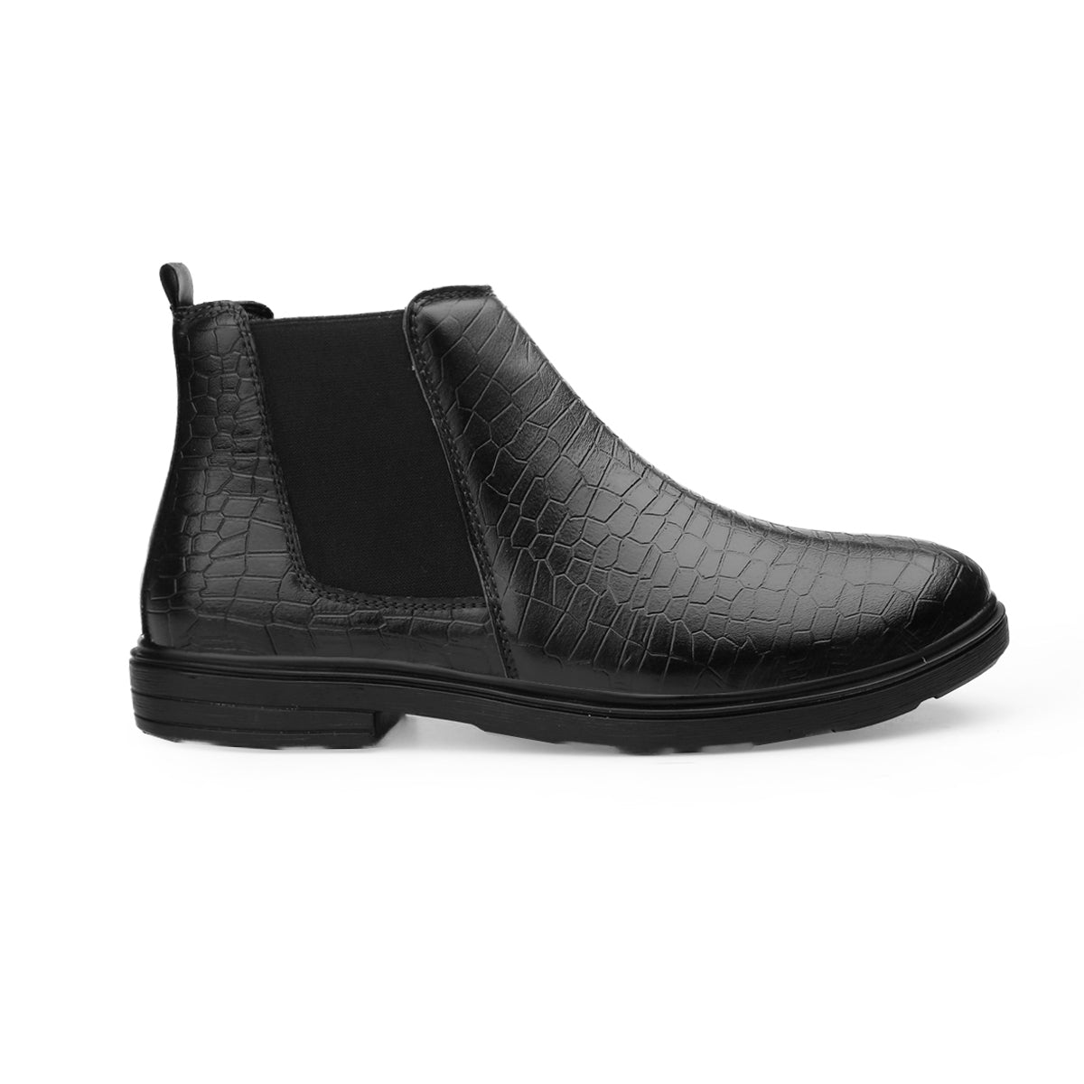 Black Chelsea boot with crocodile texture on a white background