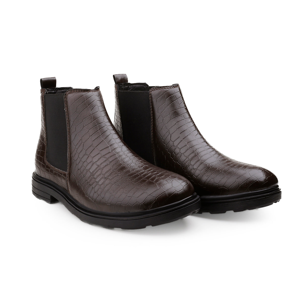 A pair of dark brown ankle boots with a crocodile-embossed texture and black elastic side panels, shown on a clean white background.