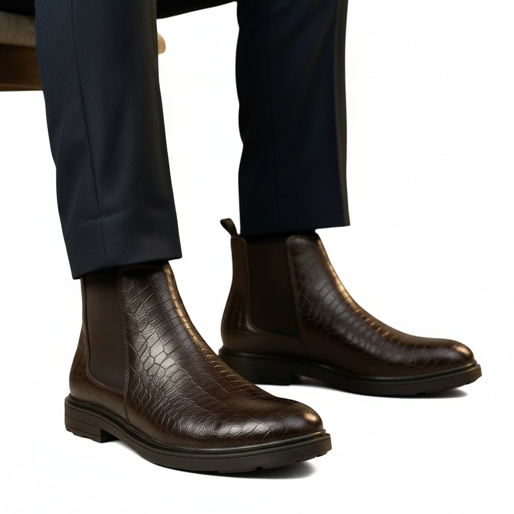 A close-up of a person wearing dark brown textured ankle boots with elastic side panels and navy blue trousers, shown from the knees down against a softly blurred indoor background.