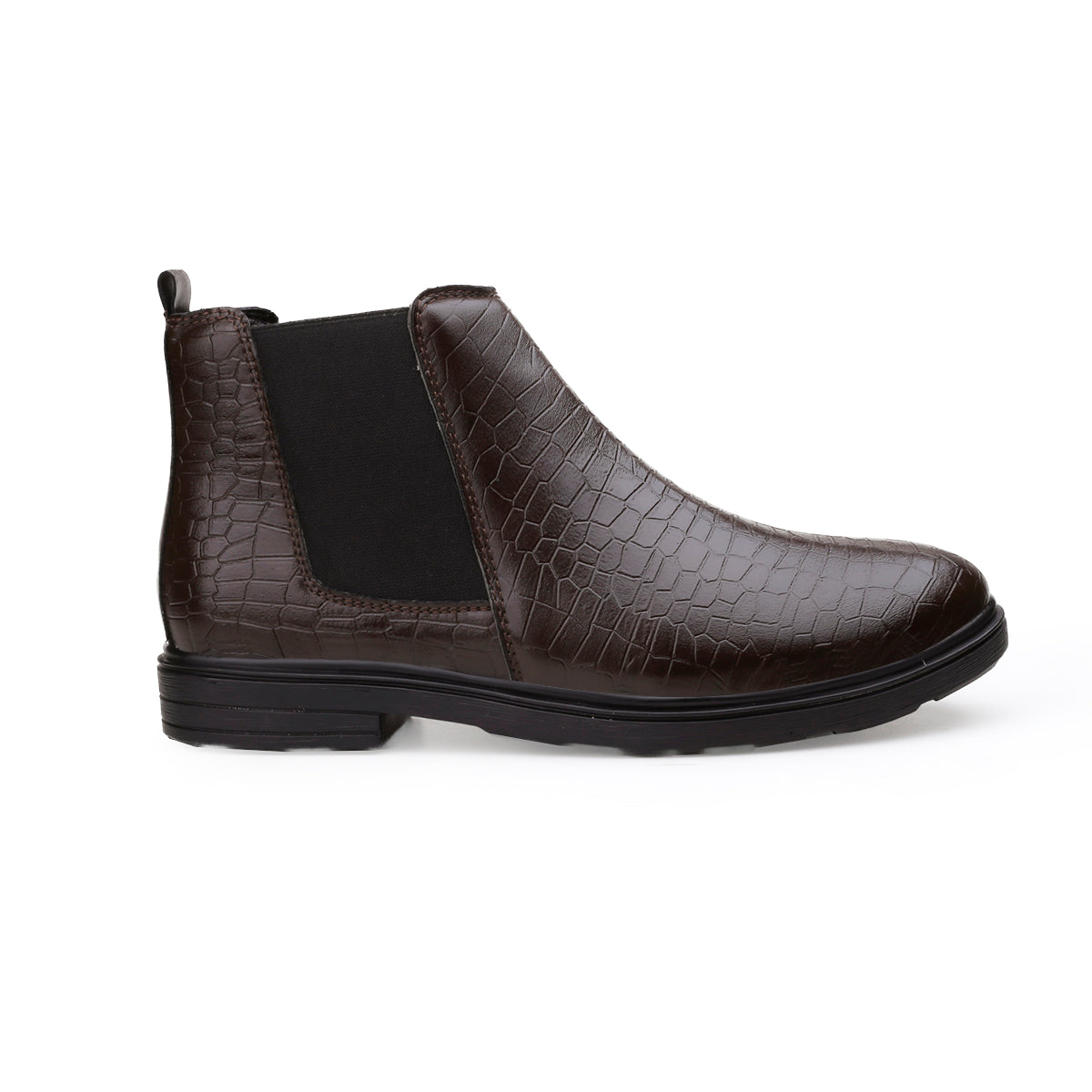 A dark brown Chelsea boot with a crocodile-embossed texture on the upper and a black elastic side panel, shown in profile against a white background.