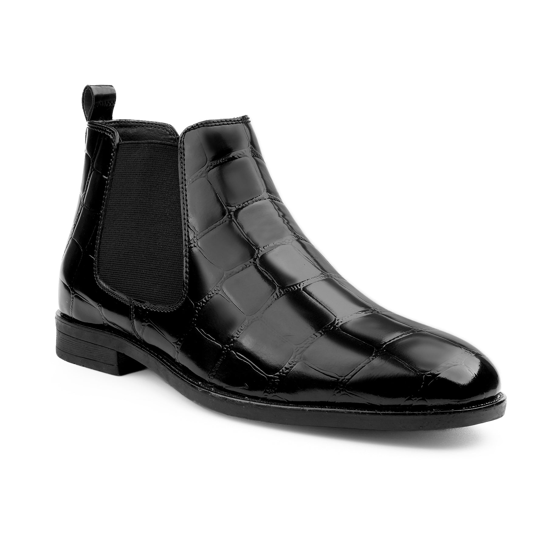 Black leather boot with a white background