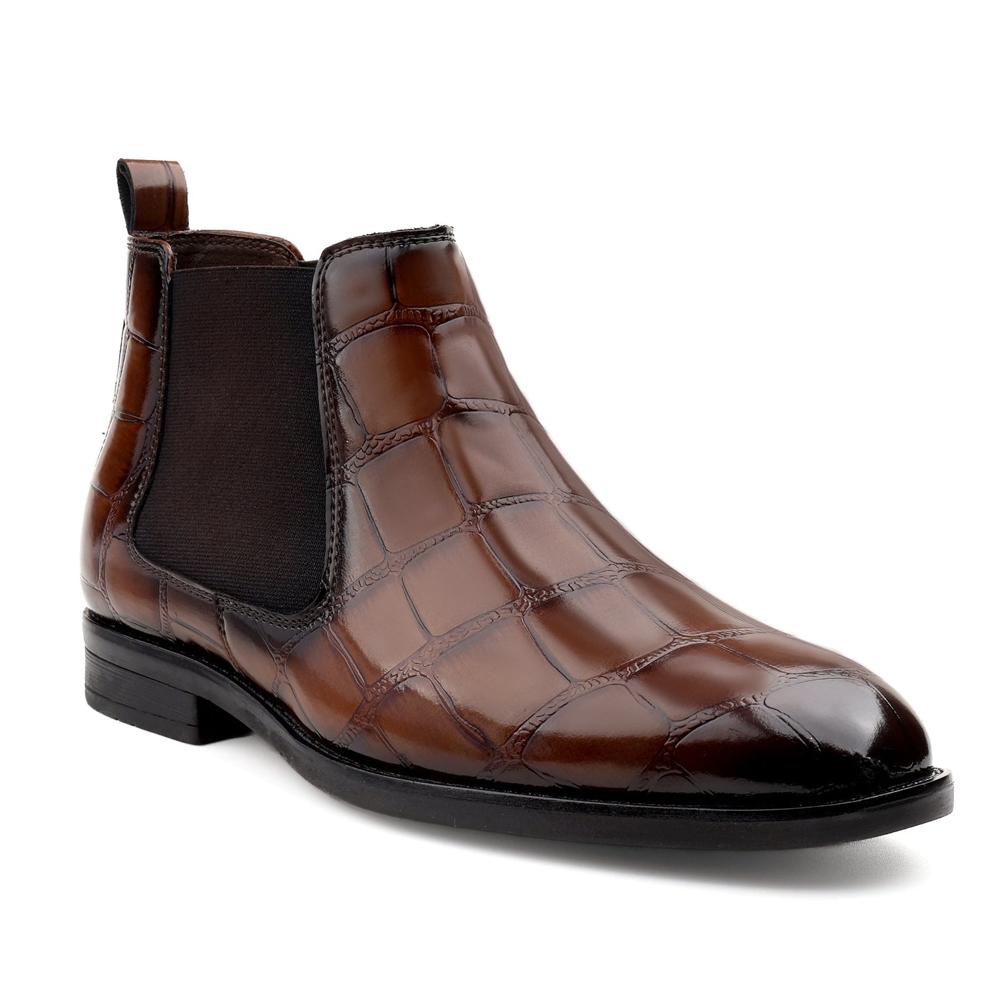 Brown leather Chelsea boot on a white background
