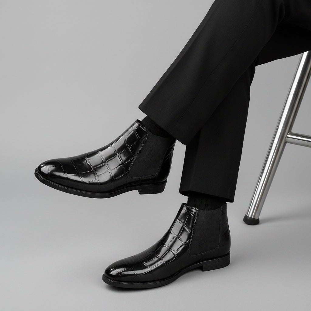Black shiny dress shoes worn with black pants on a beige background