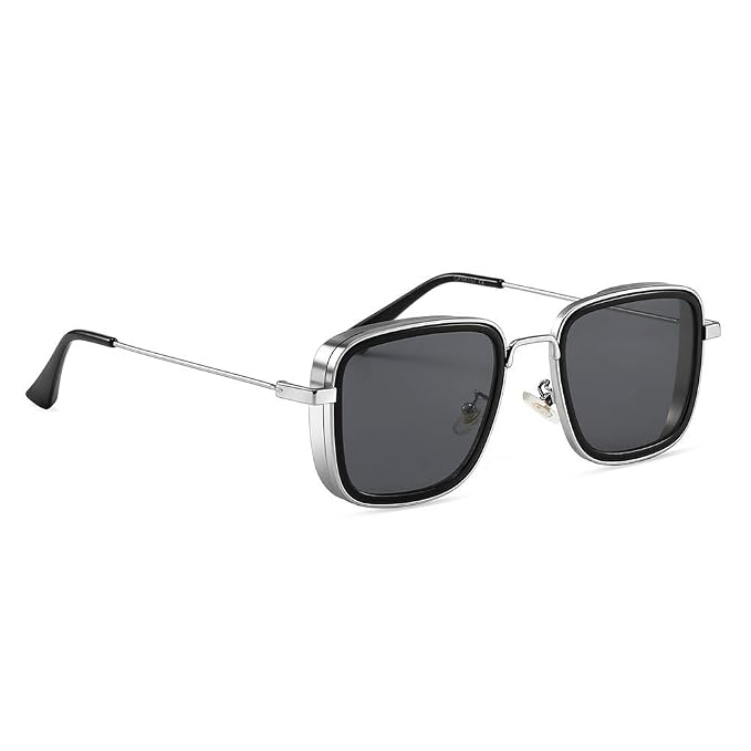 A pair of square sunglasses with a silver metal frame, dark gray lenses, and black temple tips, shown on a plain white background.