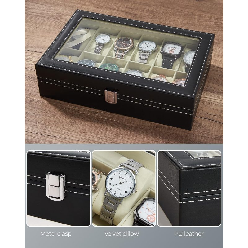 Black PU leather watch display box with a clear glass top, shown holding multiple wristwatches on a wood surface, with three detail inset images below highlighting the metal clasp, velvet pillow, and PU leather texture.