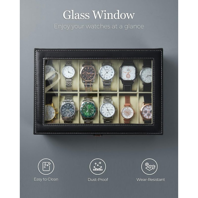 A black rectangular watch display case with a clear glass window showing ten wristwatches inside, set against a gray background with the text 'Glass Window' and feature icons below.