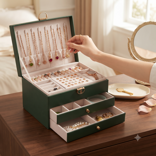 Organize your jewelry collection with our 3-layer quilted green velvet jewelry box featuring a secure lock, drawers, and soft lining. Shop luxury gifts online!