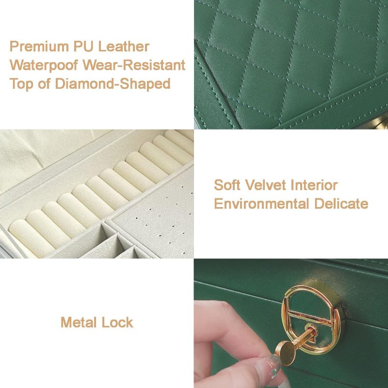 A four-panel product feature collage for a green jewelry box. The top-right panel shows a close-up of a diamond-quilted green PU leather top with text noting waterproof and wear-resistant properties.