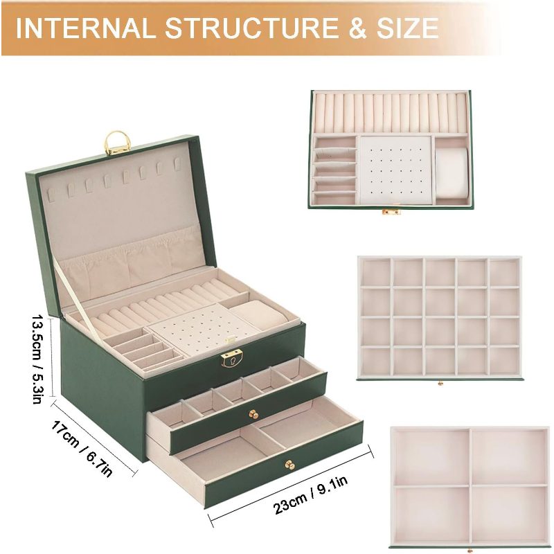 Green jewelry organizer box with three pull-out drawers, shown open with interior compartments and dimension labels for size and internal structure.